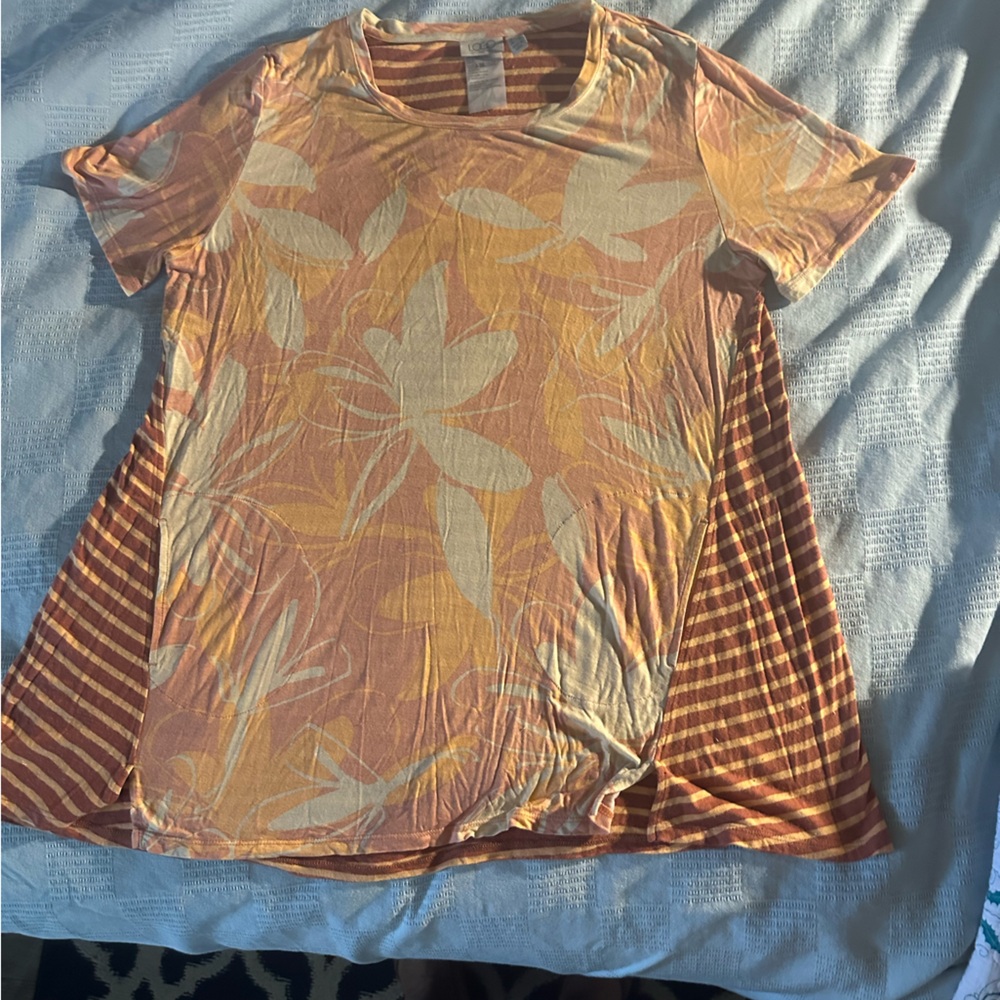 LOGO by Lori Goldstein Striped Red and Beige Top